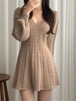 Women's Sweater Dress Jumper Dress Casual Dress Mini Dress Fashion Pure Color Outdoor Daily Going Out V Neck Long Sleeve 2023 Regular Fit Black Pink Khaki One Size -Tesla Style iogvij1695805290334