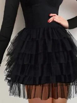 Women‘s Semi Formal Party Dress Wedding Guest Dress Homecoming Short Mini Dress Black Long Sleeve Pure Color Layered Fall Square Neck Elegant 2023 S M L XL -Tesla Style iohktg1634797277625