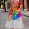Women's Work Dress Swing Dress A Line Dress Fashion Midi Dress Pocket Print V Neck 3/4 Length Sleeve Abstract Graffiti Regular Fit Black White Rainbow Fall Winter S M L XL XXL -Tesla Style iowsca1693374192194