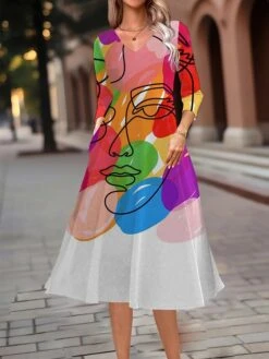 Women's Work Dress Swing Dress A Line Dress Fashion Midi Dress Pocket Print V Neck 3/4 Length Sleeve Abstract Graffiti Regular Fit Black White Rainbow Fall Winter S M L XL XXL