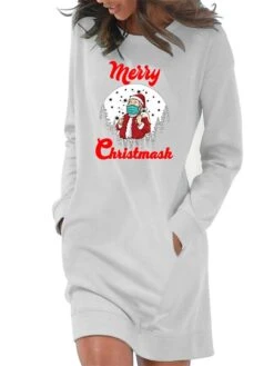 Women‘s Christmas Hoodie Dress Winter Dress Light Blue Grey White Long Sleeve Letter Santa Claus Pocket Print Winter Fall Crew Neck Stylish Fall Dress Loose Fit 2022 S M L XL 2XL / Cotton -Tesla Style ipozox1666343456793