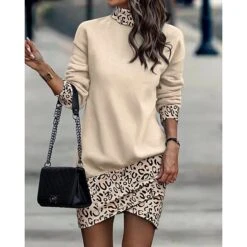 Women's Sweatshirt Dress Winter Dress Shift Dress Midi Dress Black And White Black Gray Black And White Stripes 3/4 Length Sleeve Print Print Fall Winter Autumn Turtleneck Fashion 2023 S M L XL 2XL -Tesla Style ipwxpn1664332398852