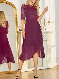 Women's Party Dress Lace Dress Cocktail Dress Midi Dress Pink Navy Blue Fuchsia 3/4 Length Sleeve Pure Color Lace Spring Fall Winter Off Shoulder Fashion Winter Dress Wedding Guest Vacation 2023 S M -Tesla Style iqhpyo1692179132701
