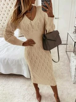 Women's Sweater Dress Winter Dress Jumper Dress Midi Dress Eyelet Ribbed Daily Date Going Out Fashion Basic V Neck Long Sleeve 2023 Loose Fit Apricot Coffee Color M L XL XXL 3XL Size -Tesla Style iqiwys1692172795940