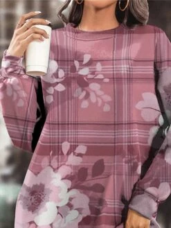 Women's Casual Dress Sweatshirt Dress Winter Dress Floral Plaid Pocket Print Crew Neck Mini Dress Fashion Streetwear Outdoor Daily Long Sleeve Loose Fit Pink Fall Winter S M L XL XXL -Tesla Style iqthek1694590305080