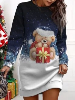 Women's Christmas Casual Dress Sweatshirt Dress Mini Dress Warm Fashion OutdoorVacation Crew Neck Print Snowman Loose Fit Yellow Wine Navy Blue S M L XL XXL -Tesla Style iqwtxz1695365425227