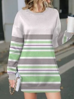 Women's Casual Dress Sweatshirt Dress Winter Dress Stripe Print Crew Neck Mini Dress Fashion Streetwear Outdoor Daily Long Sleeve Loose Fit Pink Blue Purple Fall Winter S M L XL XXL -Tesla Style iqyqka1695896628793
