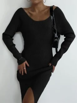 Women's Sweater Dress Winter Dress Jumper Dress Midi Dress Split Outdoor Daily Vacation Fashion Streetwear V Neck Long Sleeve 2023 Regular Fit Black White Green Color S M L Size -Tesla Style iqzcek1692614178295