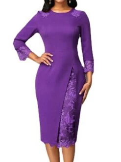 Women's Work Dress Sheath Dress Semi Formal Dress Fashion Office Daily Workfashion Midi Dress Lace Patchwork Crew Neck 3/4 Length Sleeve Plain Slim Red Blue Purple Fall Winter S M L XL XXL -Tesla Style irbuvp1695030989899