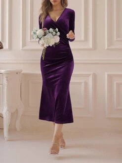 Women‘s Christmas Prom Dress Party Dress Velvet Dress Long Dress Maxi Dress Black Wine Dark Green Long Sleeve Pure Color Ruched Spring Fall Winter V Neck Fashion Winter Dress Birthday Evening Party -Tesla Style irkzyl1691402330814