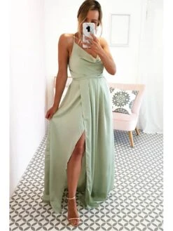 Women's Prom Dress Party Dress Satin Dress Long Dress Maxi Dress Light Green Wine Sleeveless Pure Color Split Summer Spring Fall Spaghetti Strap Fashion Party Birthday Evening Party 2023 S M L XL -Tesla Style irubng1671775306749