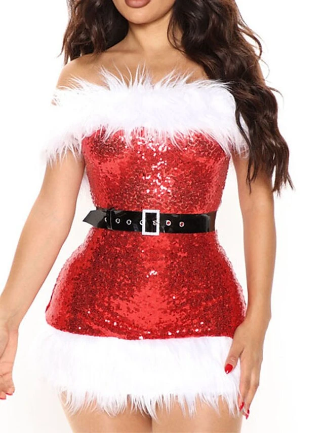 Women's Christmas Party Dress Feather DressShort Mini Dress Red Sleeveless Color Block Sequins Feather Cold Shoulder Fall Winter Off Shoulder Party Stylish Sexy 2022 S M L XL XXL 4 Women's Christmas Party Dress Feather DressShort Mini Dress Red Sleeveless Color Block Sequins Feather Cold Shoulder Fall Winter Off Shoulder Party Stylish Sexy 2022 S M L XL XXL - Image 2