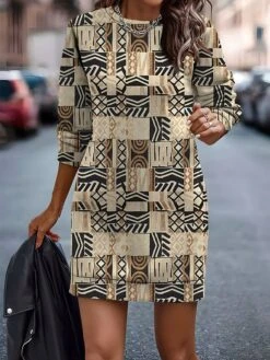 Women's Casual Dress Sweatshirt Dress Mini Dress Warm Fashion Outdoor Vacation Going Out Crew Neck Print Geometric Loose Fit Red Blue Orange S M L XL XXL -Tesla Style isblql1696759868797