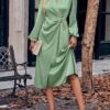 Women's Party Dress Cocktail Dress Satin Dress Midi Dress Champagne Brown Green Long Sleeve Pure Color Ruched Fall Winter Autumn Shirt Collar Fashion Wedding Guest Birthday Vacation 2023 S M L XL -Tesla Style isfzlg1696077341416