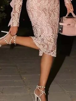 Women's Party Dress Lace Dress Wedding Guest Dress Midi Dress Pink Long Sleeve Pure Color Lace Spring Fall Winter Off Shoulder Fashion Wedding Guest Vacation Fall Dress 2023 S M L XL -Tesla Style ishuxp1682331464479