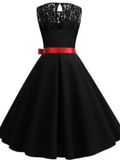 Women's Lace Dress Vintage Dress Swing Dress Black Dress Light Blue Wine Red Black Sleeveless Print Lace Up Summer Spring Fall Crew Neck Vintage -Tesla Style isjppv1623392156288