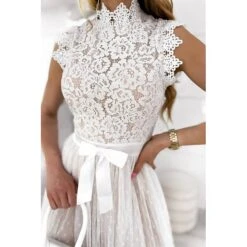 Women's Party Dress Lace Dress Homecoming Dress Midi Dress Black White Pink Sleeveless Pure Color Patchwork Summer Spring Fall Stand Collar Fashion Party Birthday Wedding Guest 2023 S M L XL XXL -Tesla Style ispasd1675750224942