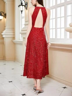 Women‘s Party Dress Sequin Dress Cocktail Dress Midi Dress Wine Sleeveless Pure Color Sparkly Glitter Sequins Summer Spring Fall Halter Neck Fashion Wedding Guest Vacation Summer Dress Slim -Tesla Style ispfpk1690523433077