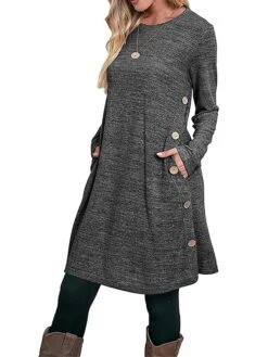Women's Work Dress Casual Dress A Line Dress Fashion Daily Mini Dress Button Pocket Crew Neck Long Sleeve Plain Loose Fit Black Pink Gray Fall Winter S M L XL XXL -Tesla Style iswhnj1697185369094
