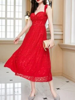 Women's Party Dress Lace Dress Cocktail Dress Midi Dress Red Sleeveless Pure Color Lace Summer Spring Fall Spaghetti Strap Fashion Wedding Guest Vacation Summer Dress 2023 S M L XL
