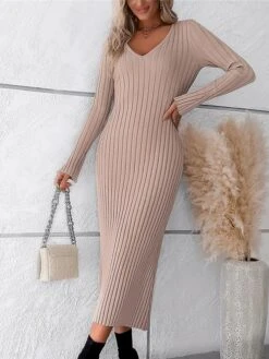 Women's Sweater Dress Winter Dress Jumper Dress Midi Dress Ribbed Outdoor Work Street Fashion Modern V Neck Long Sleeve 2023 Slim Black White Wine Color S M L XL Size -Tesla Style itkduo1694602905082