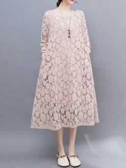 Women's Work Dress Lace Dress Black Dress Fashion Midi Dress Lace Pocket Crew Neck Long Sleeve Plain Loose Fit Black White Pink Fall M L XL XXL 3XL -Tesla Style itmqxl1693281259810