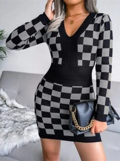 Women's Sweater Dress Jumper Dress Casual Dress Mini Dress Fashion Plaid Outdoor Daily Vacation Going Out V Neck Long Sleeve 2023 Loose Fit Black Yellow Wine One Size -Tesla Style itpsyi1694756668536