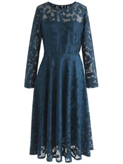 Women's Party Dress Lace Dress Swing Dress Midi Dress Wine Red Black Blue Long Sleeve Pure Color Lace Winter Fall Spring Crew Neck Elegant Party Winter Dress Wedding Guest 2023 S M L XL 2XL 3XL -Tesla Style itqjse1675422468830