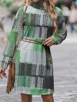 Women's Sweater Dress Jumper Dress Casual Dress Mini Dress Warm Plaid Outdoor Daily Vacation Going Out Turtleneck Long Sleeve 2023 Loose Fit Yellow Blue Green S M L XL XXL 3XL -Tesla Style itxpaq1695888054117
