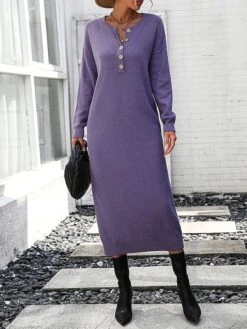 Women's Sweater Dress Jumper Dress Casual Dress Midi Dress Active Plain Outdoor Casual Holiday Vacation Crew Neck Long Sleeve Button 2023 Loose Fit Black White Purple S M L XL -Tesla Style iuhajm1697595530607