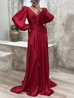 Women's Prom Dress Party Dress Satin Dress Long Dress Maxi Dress Wine Purple Green Long Sleeve Pure Color Lace Up Fall Winter Autumn V Neck Fashion Winter Dress Evening Party Vacation 2023 S M L XL -Tesla Style iujodb1694596886410