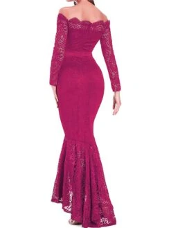 Women‘s Formal Party Dress Lace Dress Sheath Dress Long Dress Maxi Dress Wine Long Sleeve Pure Color Lace Winter Fall Spring Off Shoulder Fashion Evening Party 2023 S M L XL XXL -Tesla Style iujzrs1670581773193