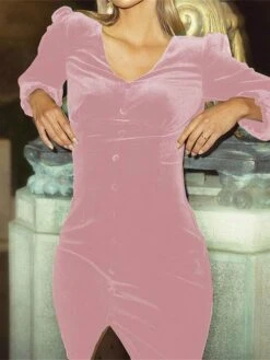 Women's Prom Dress Party Dress Velvet Dress Long Dress Maxi Dress Black Pink Wine Long Sleeve Pure Color Button Fall Winter Autumn V Neck Fashion Winter Dress Birthday Evening Party 2023 S M L XL XXL -Tesla Style ivcluo1693535342213