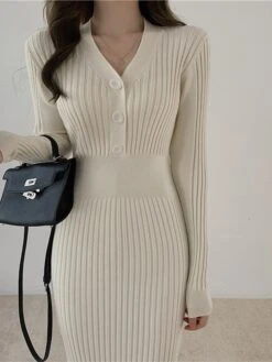 Women‘s Sweater Dress Winter Dress Sheath Dress Midi Dress Black White Green Long Sleeve Pure Color Button Fall Winter Autumn V Neck Stylish Winter Dress Fall Dress 2023 One-Size -Tesla Style ivcrcx1665656617117