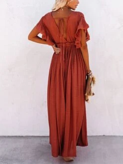 Women's Long Dress Maxi Dress Party Dress Casual Dress Swing Dress Pure Color Fashion Casual Outdoor Daily Vacation Ruffle Backless Short Sleeve V Neck Dress Loose Fit ArmyGreen White Red Summer -Tesla Style ivglac1676277815626