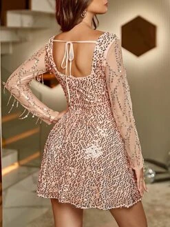 Women‘s Christmas Party Dress Sequin Dress Homecoming Dress Mini Dress Champagne Long Sleeve Pure Color Sparkly Glitter Sequins Fall Winter Autumn Square Neck Fashion Vacation 2023 S M L -Tesla Style ivngtv1694428374466