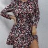 Women's Work Dress Sheath Dress Semi Formal Dress Fashion Mini Dress Lace Up Print Crew Neck Long Sleeve Floral Loose Fit Black Fuchsia Brown Fall S M L XL XXL -Tesla Style ivrozc1693300572503