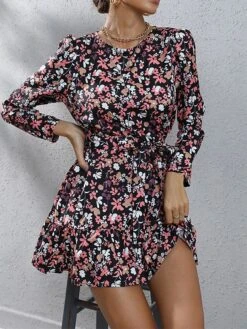 Women's Work Dress Sheath Dress Semi Formal Dress Fashion Mini Dress Lace Up Print Crew Neck Long Sleeve Floral Loose Fit Black Fuchsia Brown Fall S M L XL XXL