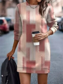Women's Casual Dress Sweatshirt Dress Mini Dress Warm Fashion Outdoor Vacation Going Out Crew Neck Print Geometric Regular Fit Pink Blue Purple S M L XL XXL