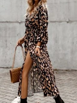 Women's Work Dress Casual Dress Swing Dress Fashion Office Daily Workfashion Midi Dress Split Print V Neck Long Sleeve Leopard Print Loose Fit Blue Brown Green Fall Winter S M L XL XXL -Tesla Style ivzofz1695030981435