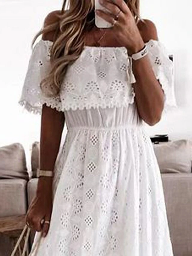 Women's Long Dress Maxi Dress Party Dress Casual Dress Lace Dress Plain Modern Casual Outdoor Daily Holiday Lace Ruched Short Sleeve Off Shoulder Dress Loose Fit White Summer Spring S M L XL XXL 4 Women's Long Dress Maxi Dress Party Dress Casual Dress Lace Dress Plain Modern Casual Outdoor Daily Holiday Lace Ruched Short Sleeve Off Shoulder Dress Loose Fit White Summer Spring S M L XL XXL - Image 2