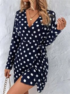 Women's Party Dress Cocktail Dress Wedding Guest Dress Mini Dress Dark Blue Long Sleeve Polka Dot Lace Up Fall Autumn V Neck Fashion Wedding Guest Vacation Fall Dress 2023 S M L XL