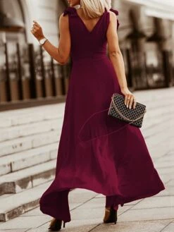 Women‘s Prom Party Dress Swing Dress Long Dress Maxi Dress Green Wine Khaki Sleeveless Pure Color Ruched Spring Summer V Neck Party Wedding Guest Loose Fit 2023 S M L XL -Tesla Style iwvtln1650943477574