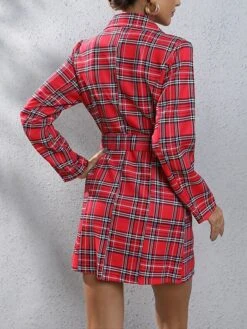 Women's Work Dress Blazer Dress Sheath Dress Fashion Mini Dress Button Print Lapel Long Sleeve Plaid Regular Fit Red Khaki Fall S M L XL XXL -Tesla Style ixatqz1693281050001