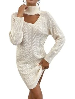 Women's Sweater Dress Winter Dress Jumper Dress Mini Dress Cut Out Outdoor Street Daily Fashion Streetwear Stand Collar Long Sleeve 2023 Loose Fit Apricot Color S M L Size -Tesla Style ixbhtd1695036514612