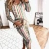 Women's Sweater Dress Jumper Dress Winter Dress Midi Dress Warm Stripe Outdoor Daily Holiday Vacation V Neck Long Sleeve 2023 Regular Fit Gray S M L XL XXL 3XL