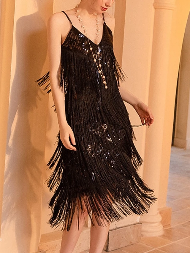 Women‘s Retro 1920s Fringe Dress Black Dress Midi Dress Party Cocktail Party Sequins Tassel Fringe Plain Spaghetti Strap Sleeveless Regular Fit Summer Spring 2023 Red XS S M L 4 Women‘s Retro 1920s Fringe Dress Black Dress Midi Dress Party Cocktail Party Sequins Tassel Fringe Plain Spaghetti Strap Sleeveless Regular Fit Summer Spring 2023 Red XS S M L - Image 2