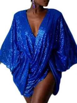 Women's Party Dress Sequin Dress Metallic Dress Mini Dress Blue Gold Gray 3/4 Length Sleeve Pure Color Sequins Spring Fall Winter V Neck Hot Party Spring Dress 2022 S M L XL -Tesla Style ixrdda1634611227366