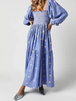 Women's Work Dress Casual Dress Swing Dress Fashion Winter Dress Daily Flared Sleeve Long Dress Maxi Dress Ruched Print Square Neck 3/4 Length Sleeve Floral Loose Fit Black Pink Royal Blue Fall Winter -Tesla Style iycejd1695645218007