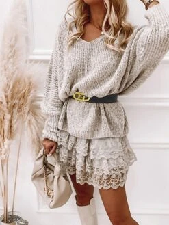 Women‘s Sweater Dress Winter Dress Knit Dress Mini Dress Beige Long Sleeve Floral With Belt Fall Winter Autumn V Neck Stylish Winter Dress Fall Dress 2023 S M L XL XXL 3XL -Tesla Style iygbmp1669778488093